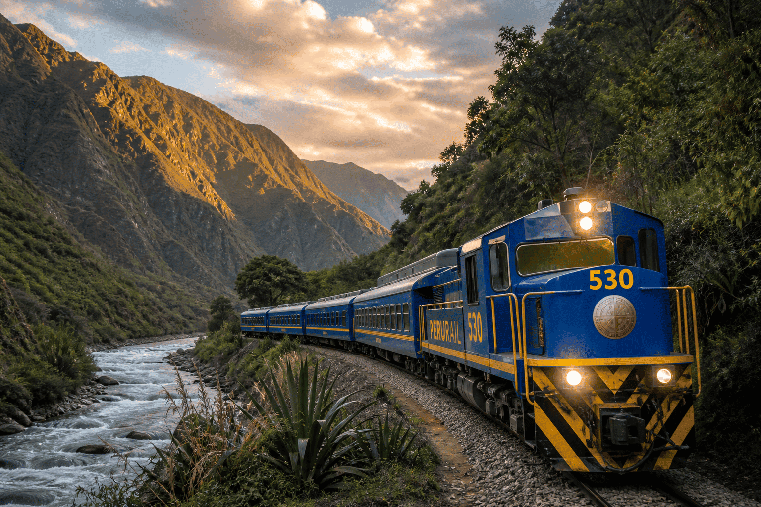 Tren Peru Rail recorriendo los Andes peruanos hacia Machu Picchu con vista a las montañas